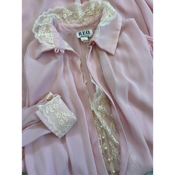 Vintage REO Originals Pink Lace Midi Dress Pearl Button Long Sleeve ILGWU USA 16 - Picture 8 of 10